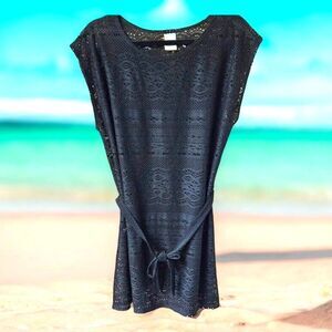MERONA Women's Black Open Knit Sleeveless Swimsuit Cover Dress With Belt M
